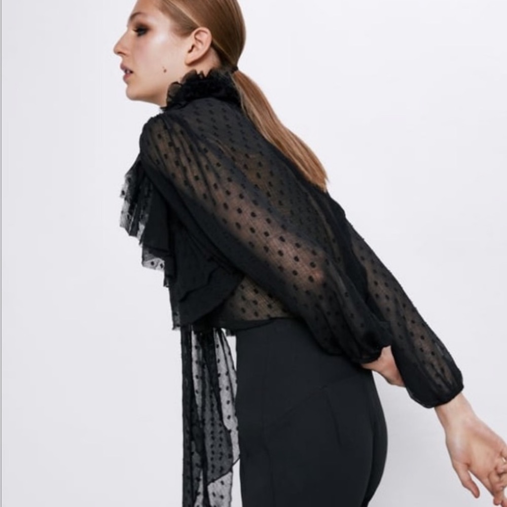 Zara black ruffle neck tie top